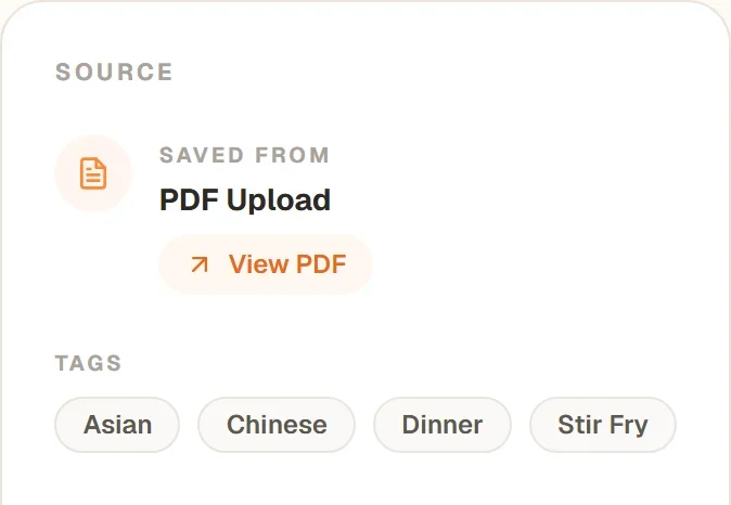The Source card on a recipe saved from a PDF: Saved from PDF Upload with a View PDF button, and the tags Asian, Chinese, Dinner and Stir Fry