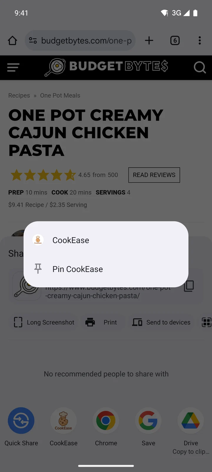 After pressing and holding CookEase in the share sheet, a menu with CookEase and Pin CookEase