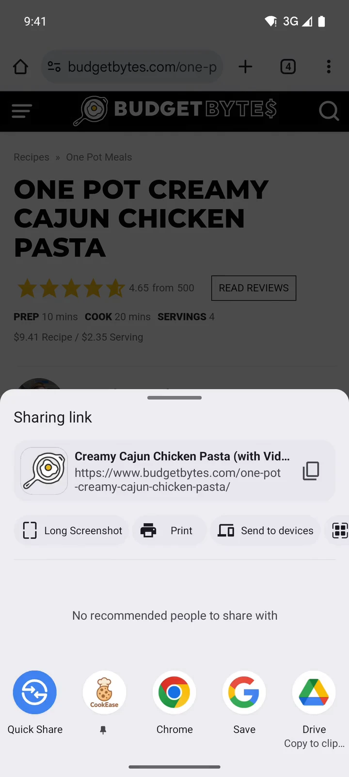 The Android share sheet over a recipe page, with Quick Share, CookEase (pinned), Chrome, Save and Drive in the row of apps