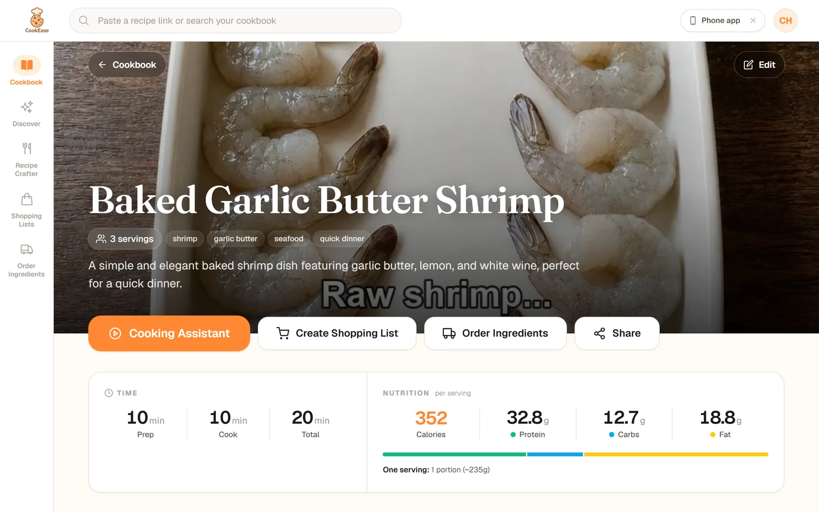 The saved Baked Garlic Butter Shrimp recipe on the website with a photo from the video, servings, times and nutrition per serving