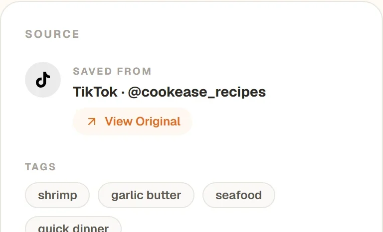 The Source card on the saved recipe: Saved from TikTok with a View Original button
