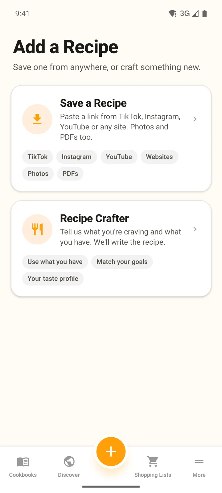 The Add a Recipe screen in the app with two cards: Save a Recipe and Recipe Crafter
