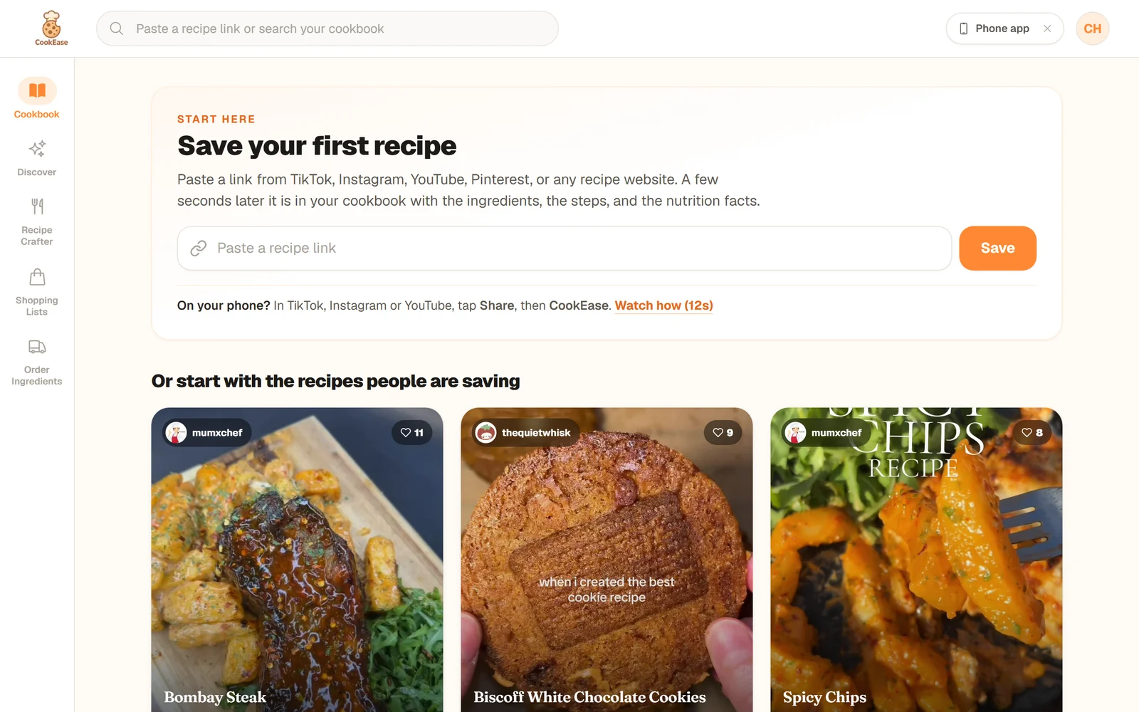 The first screen of a new account on the website: a Start here card titled Save your first recipe with a Paste a recipe link box and a Save button, and below it recipes people are saving