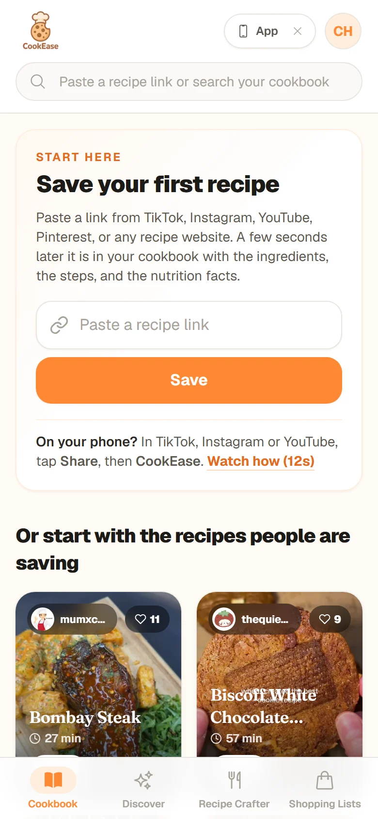The Start here card on a phone-sized screen, with the Paste a recipe link box, a Save button and the line On your phone? tap Share, then CookEase