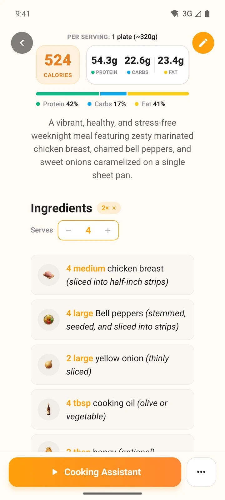 A recipe in the Android app scaled to 4 servings with a 2x badge and orange amounts such as 4 medium chicken breast