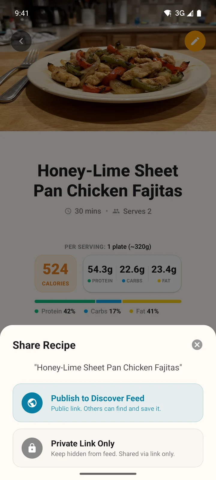 The Share Recipe sheet in the Android app with Publish to Discover Feed and Private Link Only