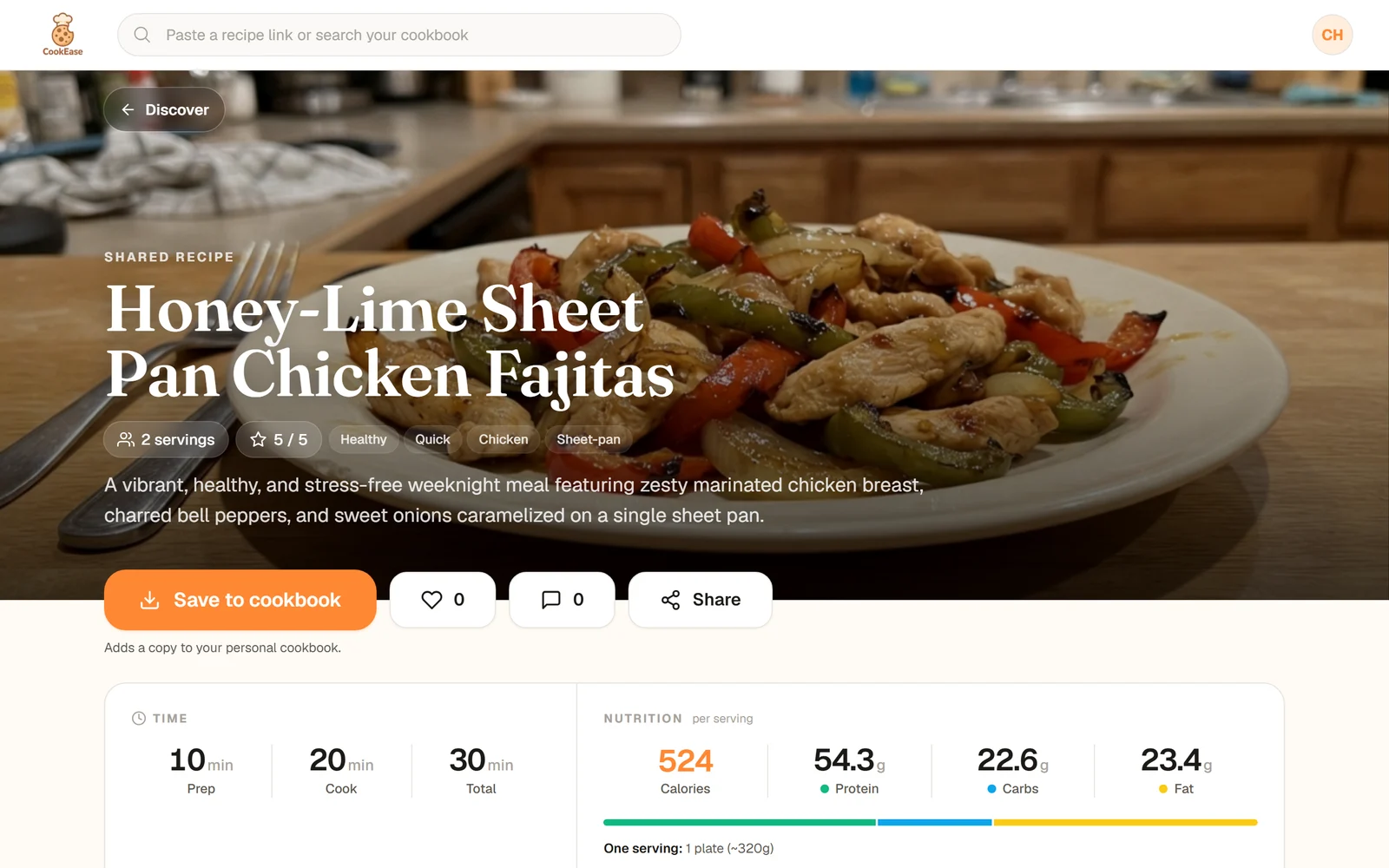 A shared recipe opened while signed in, with Save to cookbook, the like and comment counts, Share and the note Adds a copy to your personal cookbook