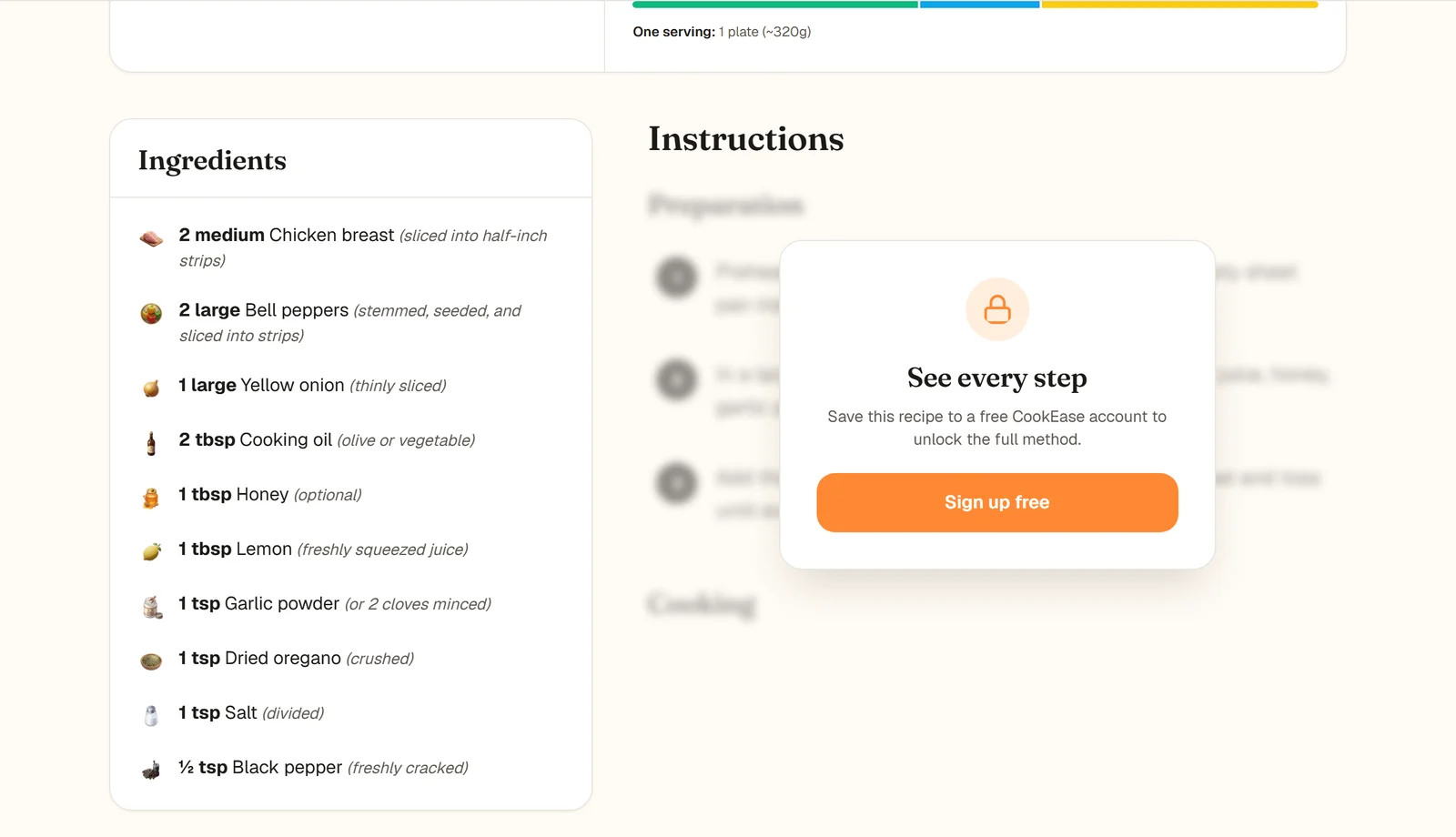 The ingredients of a shared recipe next to blurred instructions with a See every step box and a Sign up free button