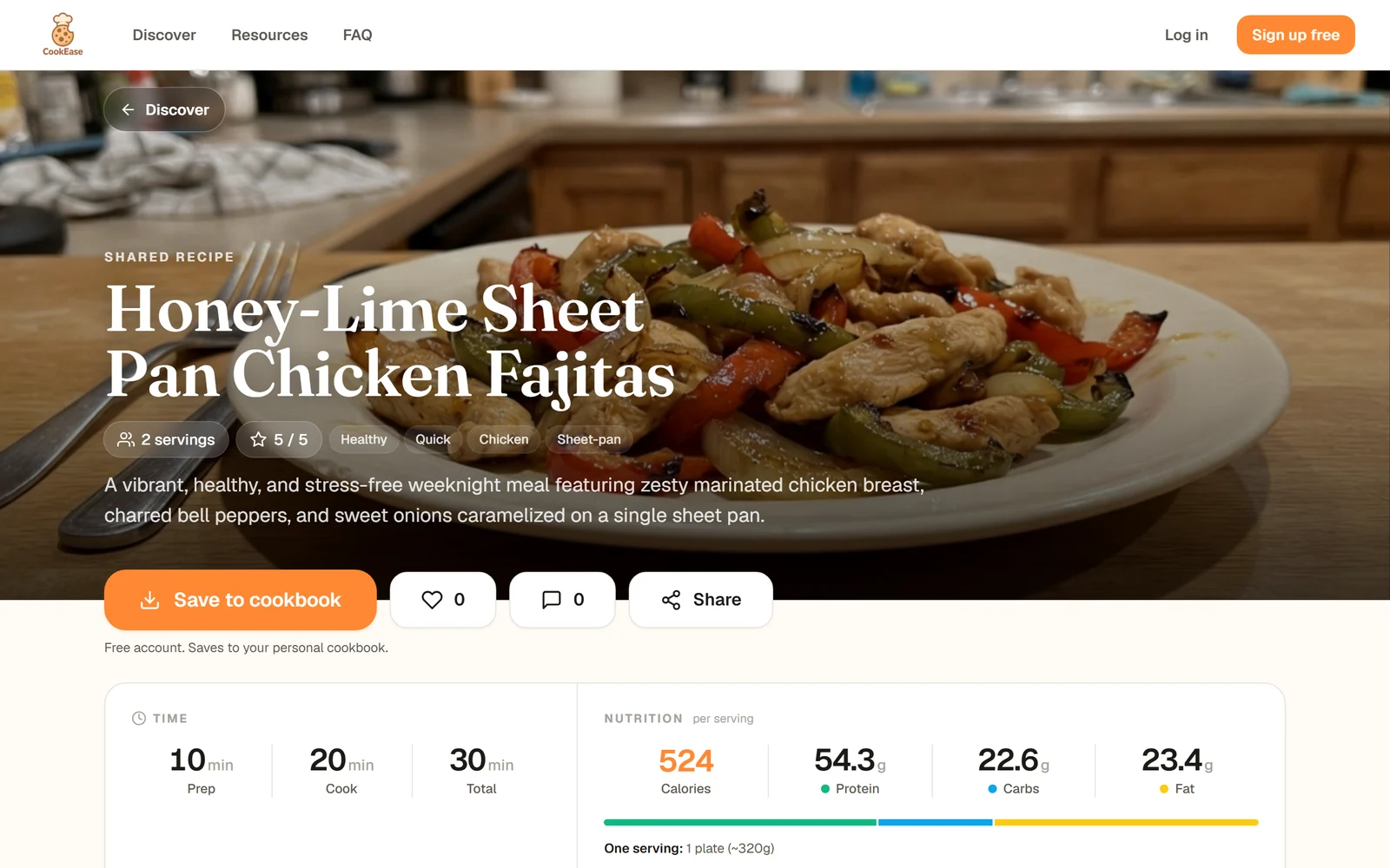 A shared recipe opened without an account: the photo with SHARED RECIPE above the title, a Save to cookbook button, like, comment and Share buttons, and the time and nutrition card