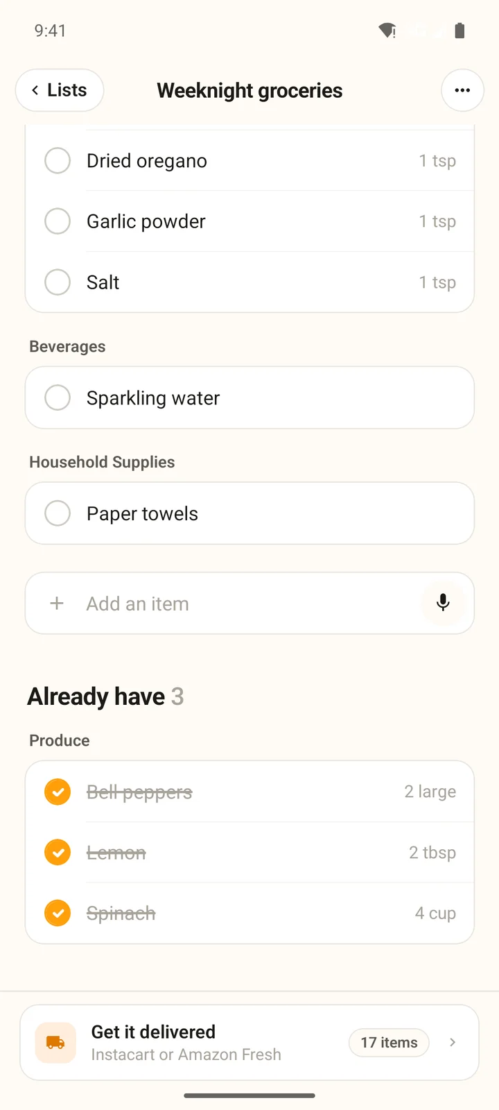 The bottom of the list on Android: Add an item with a microphone, and Already have with bell peppers, lemon and spinach ticked