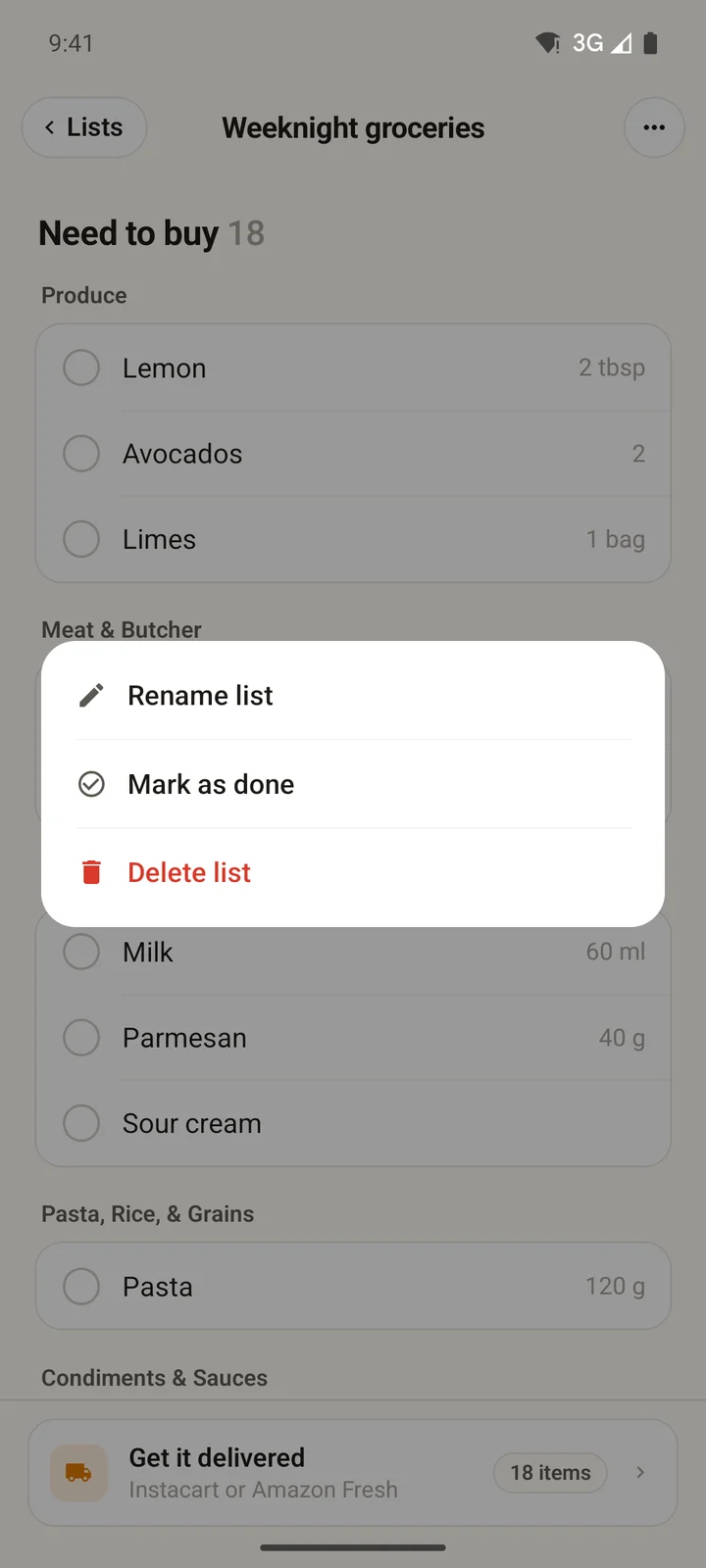 The list options on Android: Rename list, Mark as done and Delete list