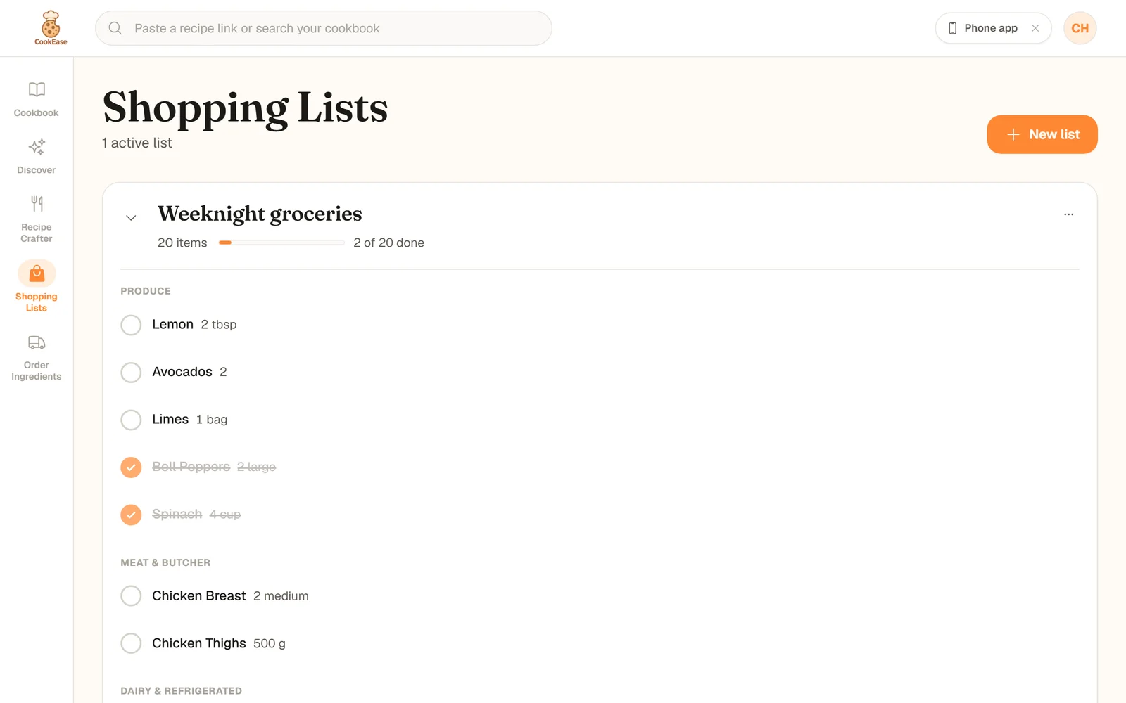 The Shopping Lists page on the website with the Weeknight groceries list, 2 of 20 done, sorted into Produce and Meat and Butcher