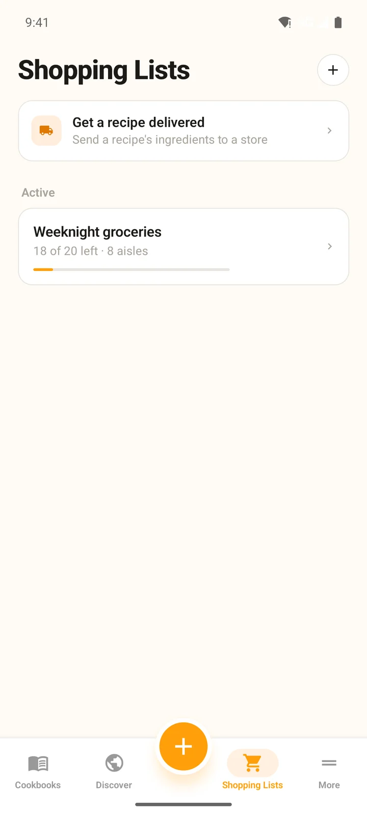 The Shopping Lists tab on Android with Get a recipe delivered and the Weeknight groceries list under Active