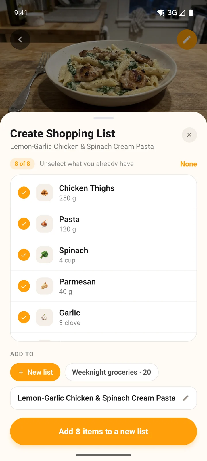 Create Shopping List on Android for Lemon-Garlic Chicken and Spinach Cream Pasta: 8 of 8 ingredients ticked, Add to New list or Weeknight groceries, and Add 8 items to a new list