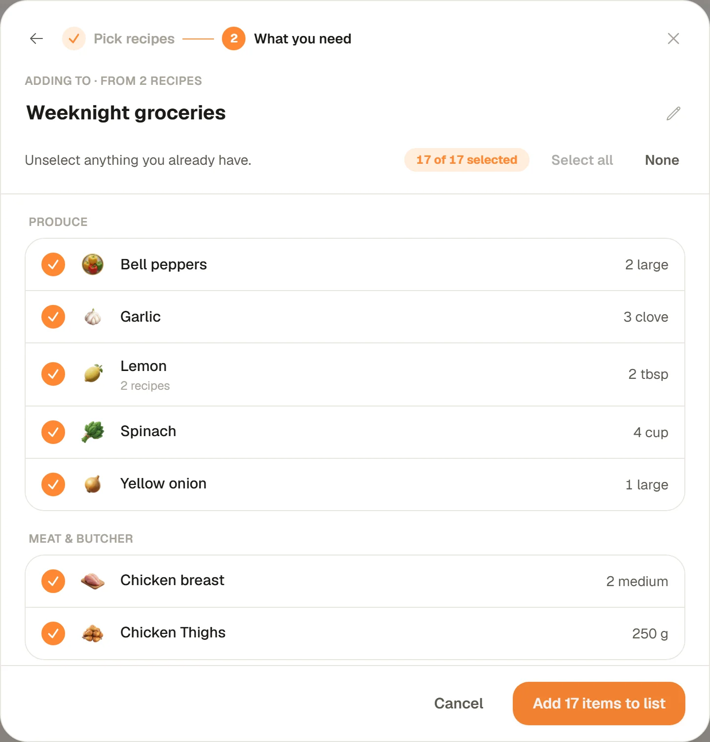 What you need: Weeknight groceries from 2 recipes, 17 of 17 selected, with produce and meat sorted into aisles and Lemon marked 2 recipes