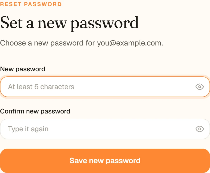 The Set a new password page with New password and Confirm new password boxes and a Save new password button