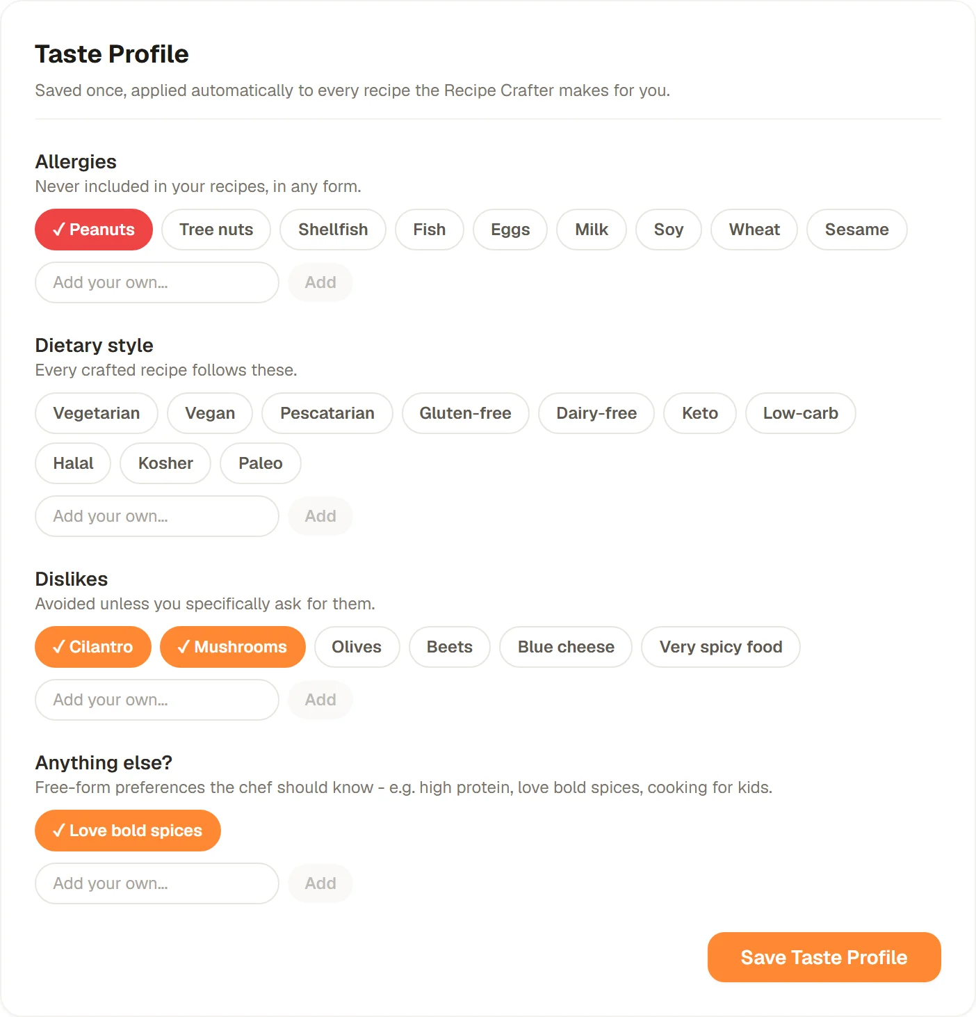 The Taste Profile section of the Profile Settings page with Peanuts, Cilantro, Mushrooms and Love bold spices chosen, and Save Taste Profile
