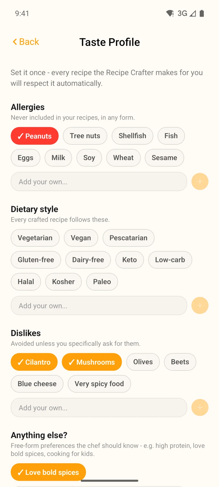 The Taste Profile screen in the Android app with Peanuts, Cilantro, Mushrooms and Love bold spices chosen