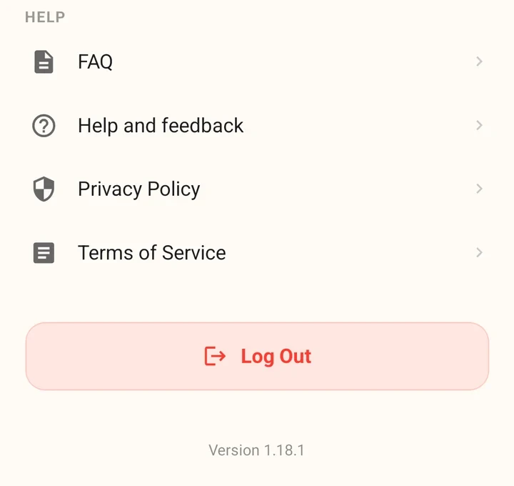 The bottom of the More tab in the Android app, with the Help rows, Log Out and Version 1.18.1