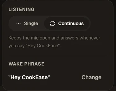Assistant settings on the website: Listening set to Continuous, and the wake phrase Hey CookEase with a Change button