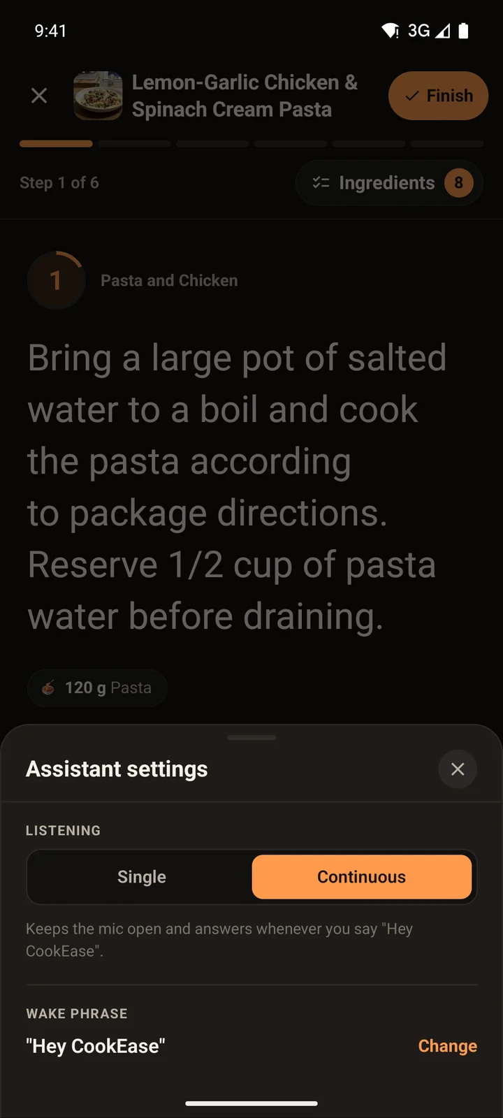 Assistant settings on Android with Listening set to Continuous and the wake phrase Hey CookEase with a Change button