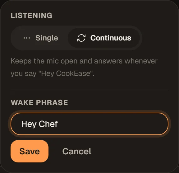 Assistant settings on the website with the wake phrase field showing Hey Chef and Save and Cancel buttons