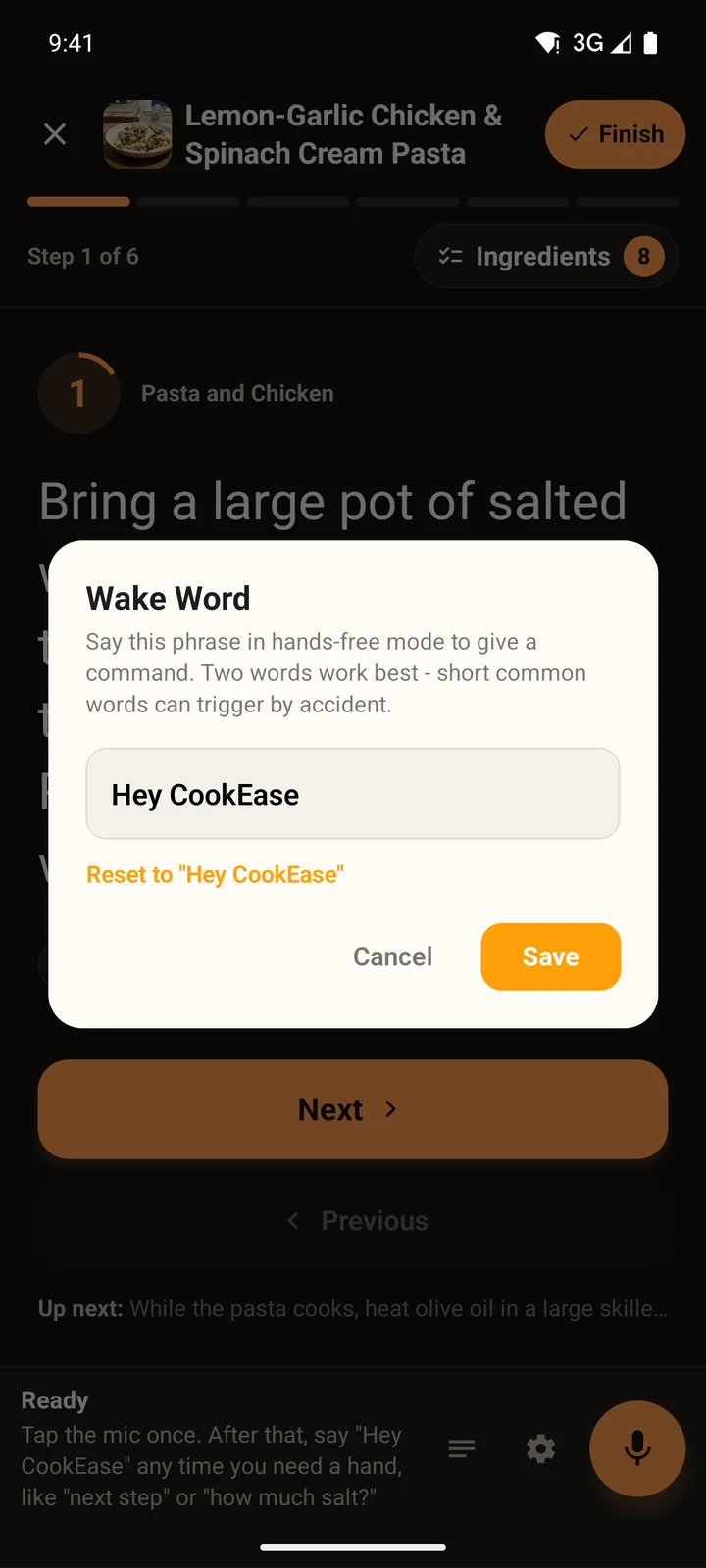 The Wake Word box on Android with the phrase Hey CookEase, Reset to Hey CookEase, Cancel and Save