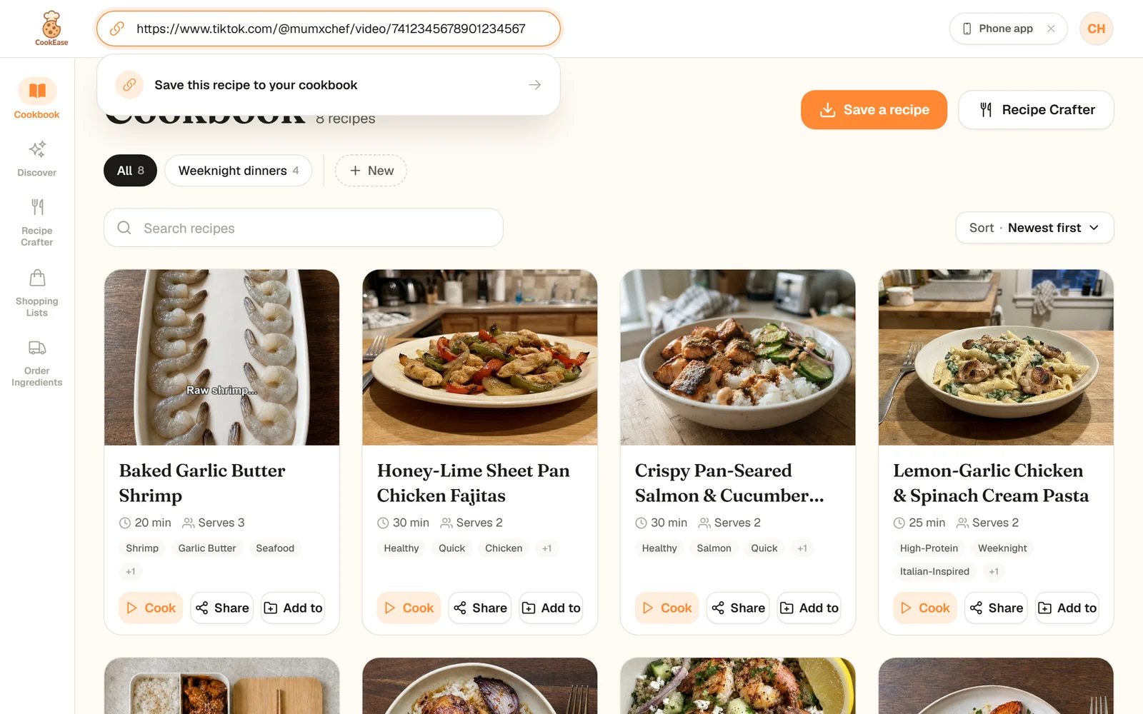 A TikTok link pasted into the CookEase search field, with the option Save this recipe to your cookbook