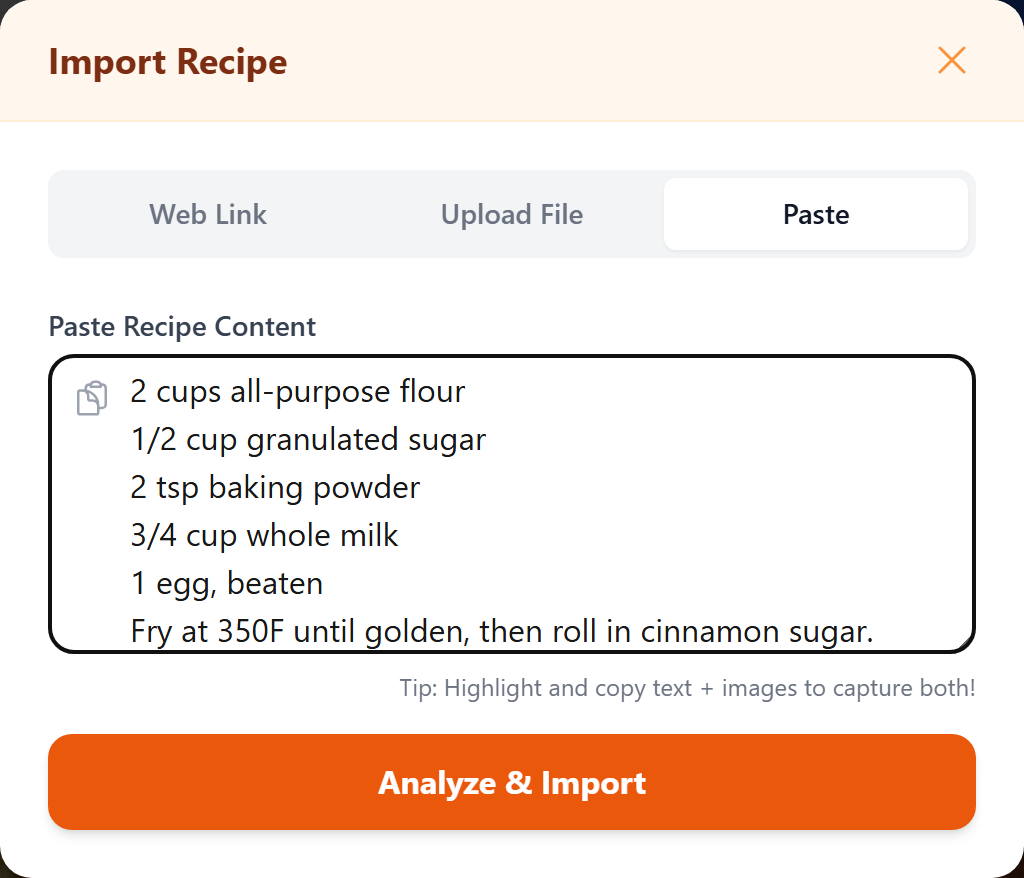 The Paste tab with recipe text ready to import