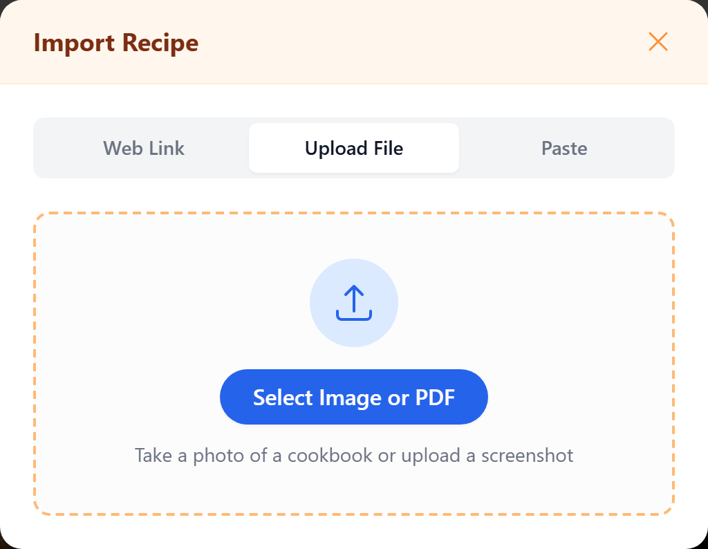 Uploading a recipe screenshot on the Upload File tab