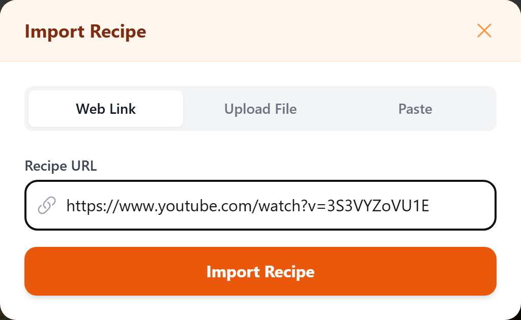 The Import Recipe window with a recipe link entered on the Web Link tab