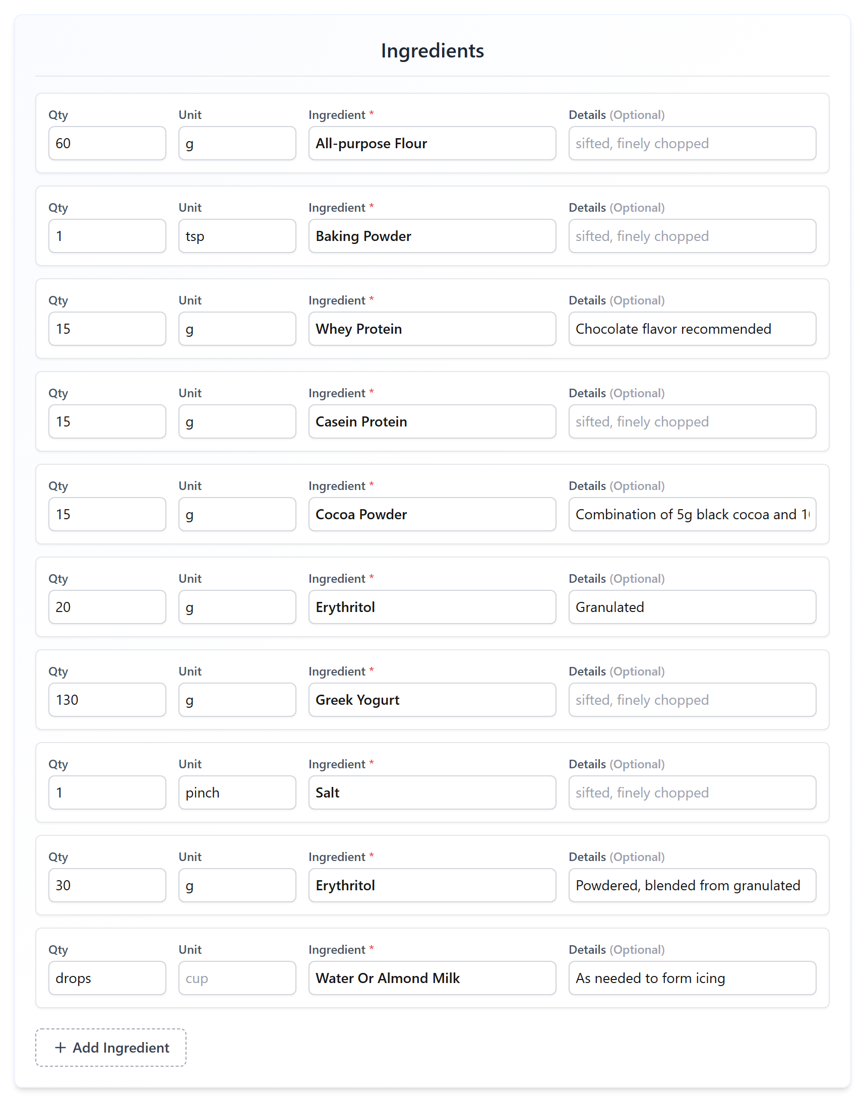 The ingredient editor with quantity, unit, and name fields per row