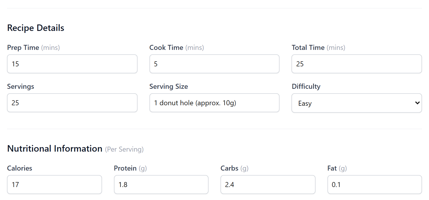 The recipe editor with Servings, Serving Size, and nutrition fields
