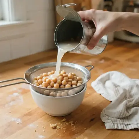 An opened can of chickpeas tipped over a strainer, the liquid pouring into a bowl