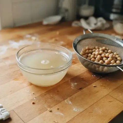 A small bowl of the drained chickpea liquid, pale and cloudy, beside the chickpeas