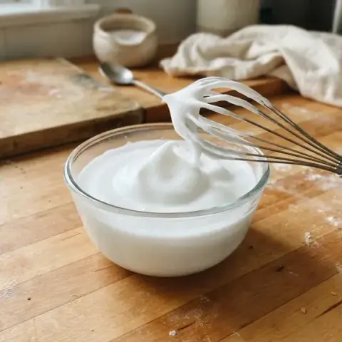 The chickpea liquid whisked into a thick white foam, like beaten egg whites