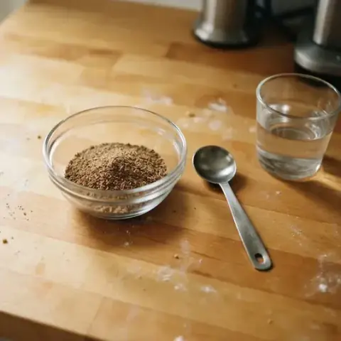 1 tablespoon of dry ground flaxseed in a small glass bowl, with a measuring spoon and a glass of water beside it