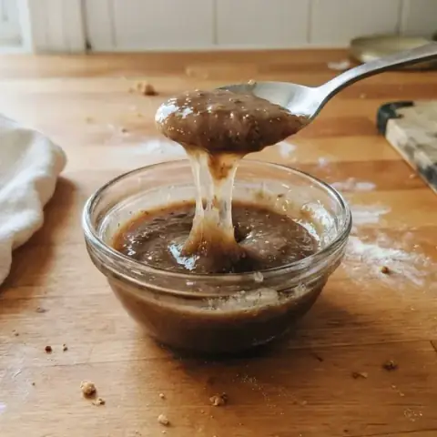 The flax egg after 5 minutes: a thick, brown, gluey gel stretching from a spoon like beaten egg