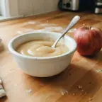 A small bowl of smooth unsweetened applesauce with a spoon, beside an apple