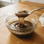 A flax egg: ground flaxseed and water set into a thick, brown, gluey gel in a small bowl