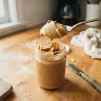 A spoonful of creamy peanut butter lifted from an open jar