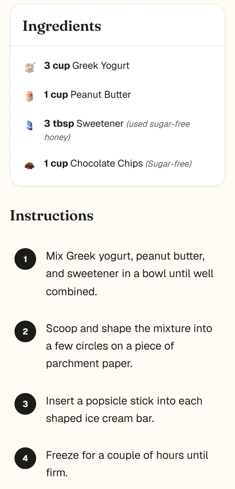 A recipe saved to CookEase from a Facebook Reel: an ingredient list with amounts (3 cups Greek yogurt, 1 cup peanut butter, 3 tablespoons sweetener, 1 cup chocolate chips) followed by the numbered steps