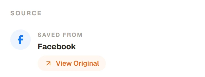 The Source card on a saved recipe, reading Saved from Facebook with a View Original button