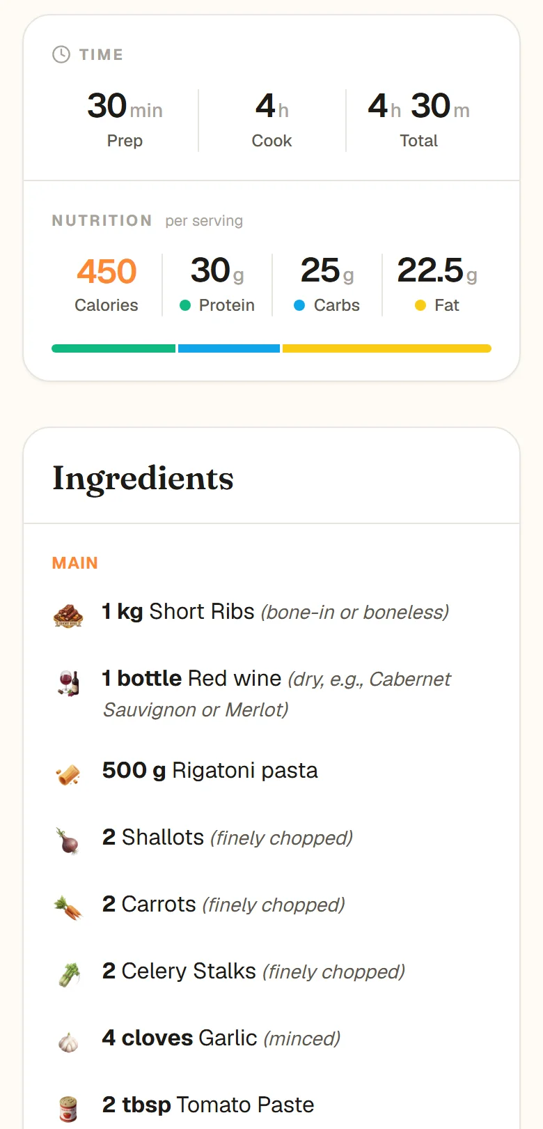 A recipe saved to CookEase from an Instagram Reel, showing prep and cook time, calories and macros per serving, and the ingredient list with amounts