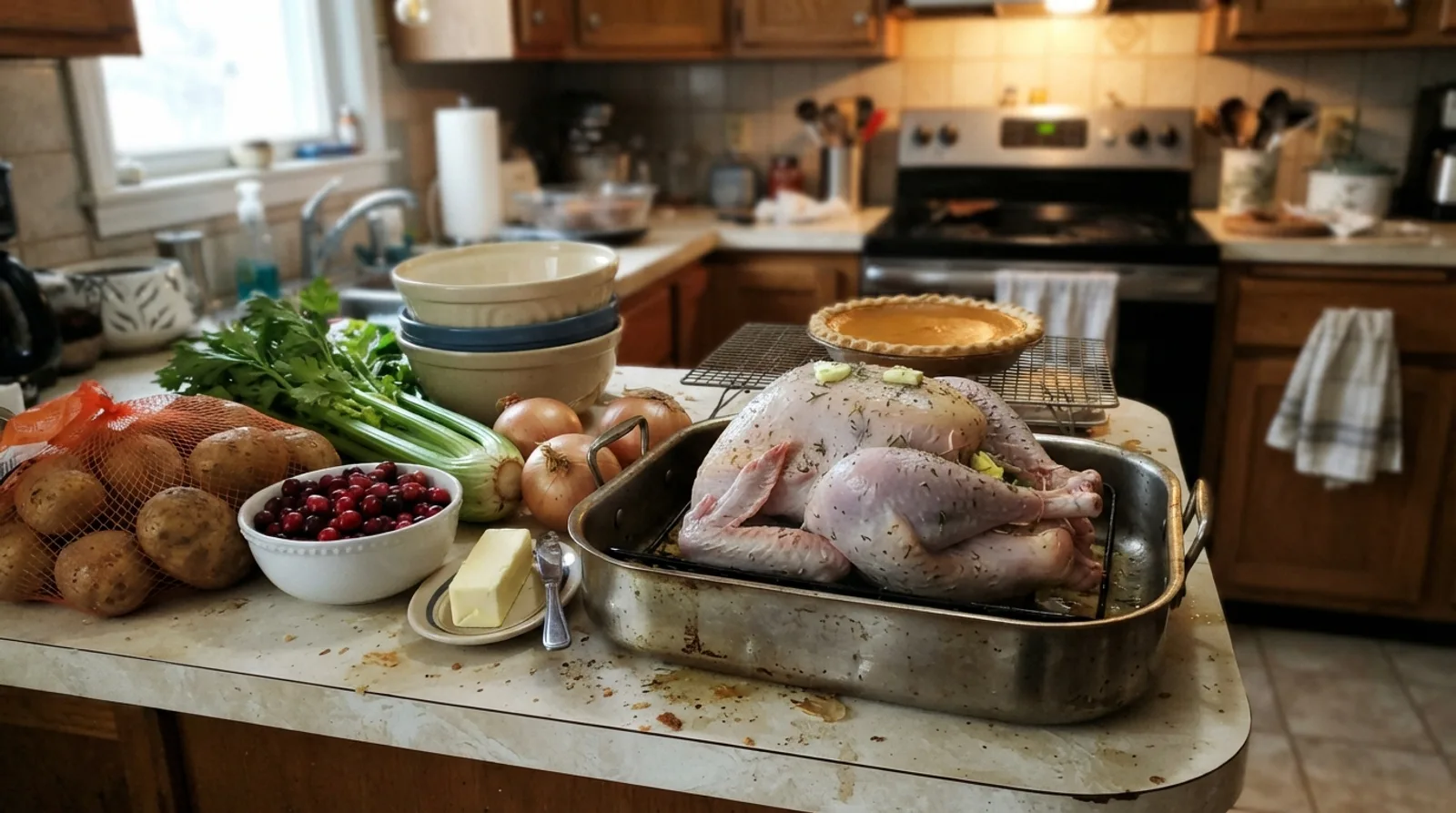 A raw turkey in a roasting pan on a kitchen counter next to a bag of potatoes, a bowl of cranberries, celery, onions and butter, with a pumpkin pie cooling behind it